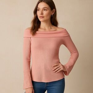 Sundance Women Pink Waffle Knit Off Shoulder Lace Sleeve Thermal Top S Boho Cozy